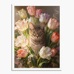 Old-master oil painting of a tabby cat peering out of a bouquet of pink, white and coral tulips, in a white wood frame.