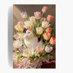 Unframed old-master style print of a calico cat sitting among a tall bouquet of pink, white and orange tulips.