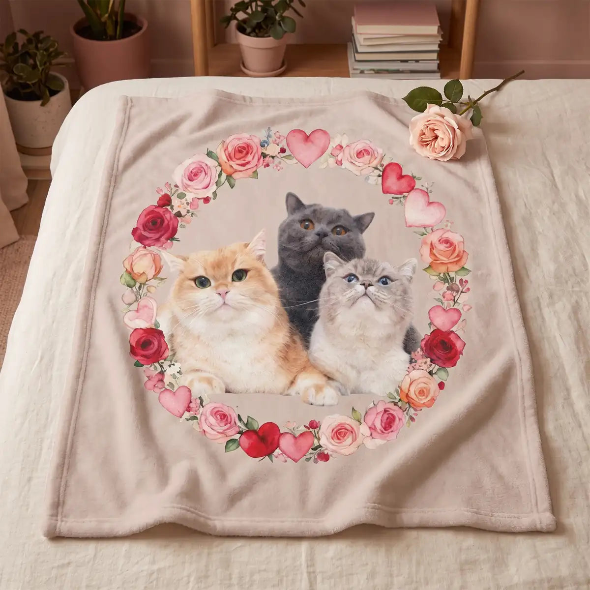 Rose Wreath Custom Pet Blanket photographed flat from above on linen