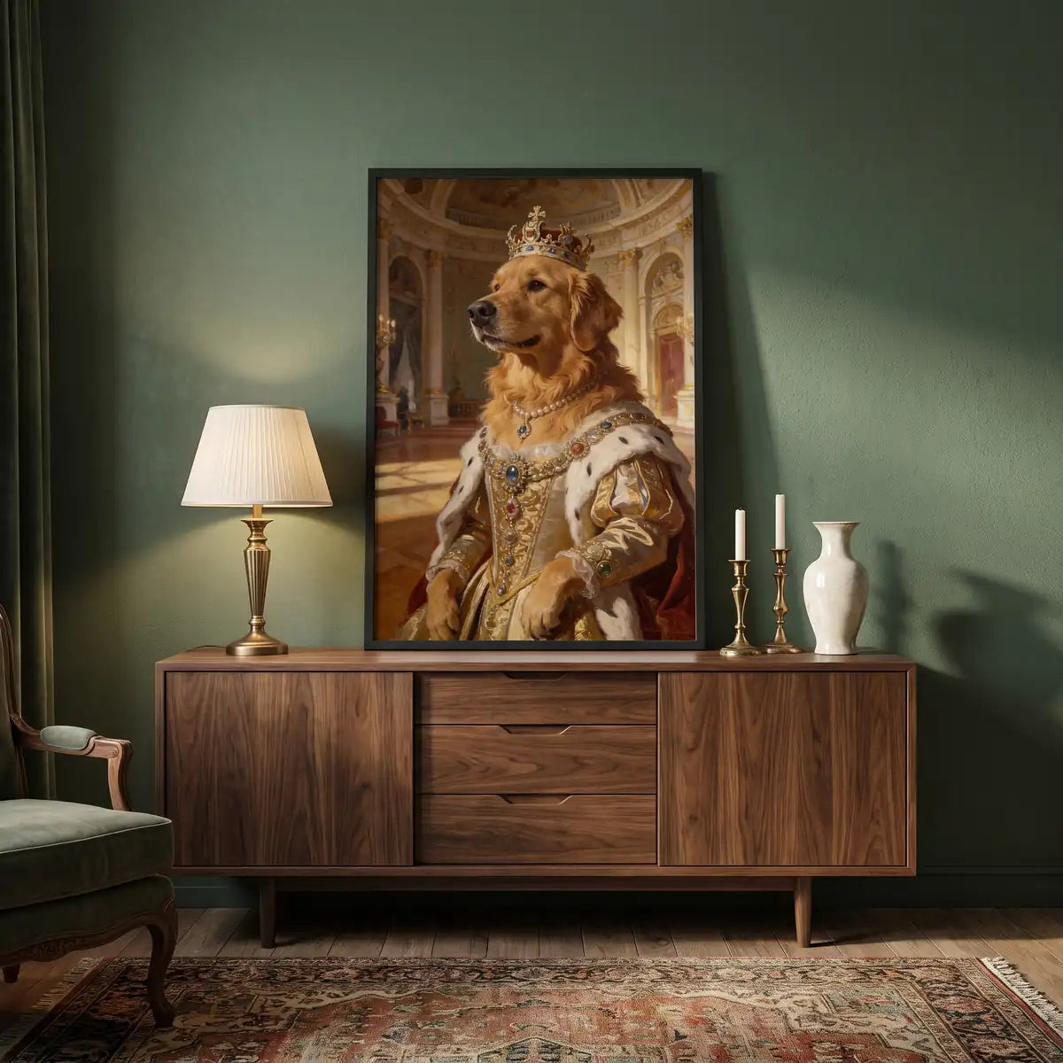 Royal Custom Pet Portrait in a styled home setting