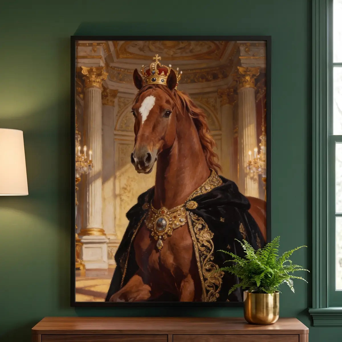 Royal Custom Pet Portrait hanging on the wall above a console table
