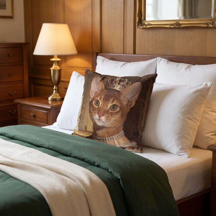Royal Throw Pillow 18"X18" resting against the pillows on a bed