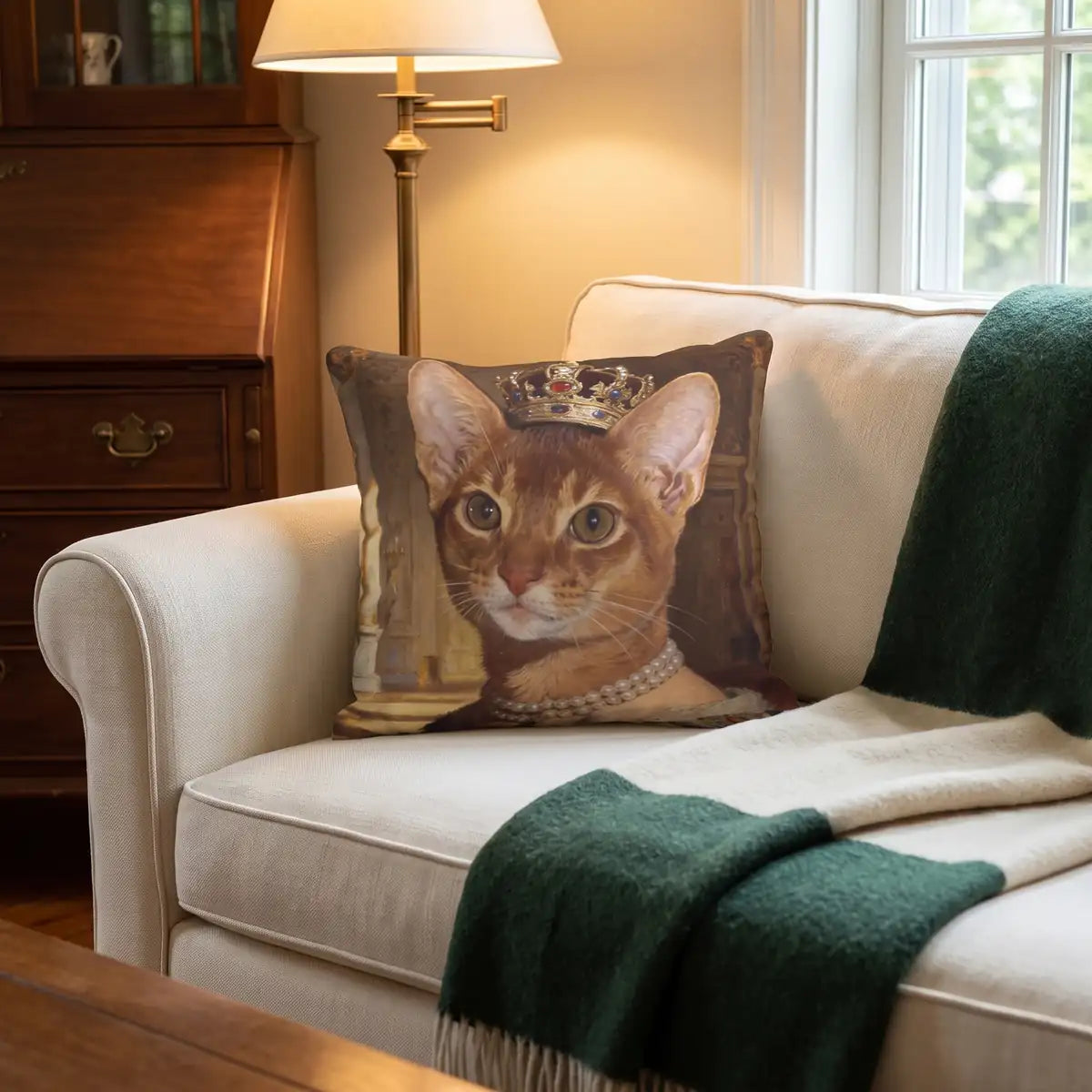 Royal Throw Pillow 18"X18" propped in the corner of a sofa