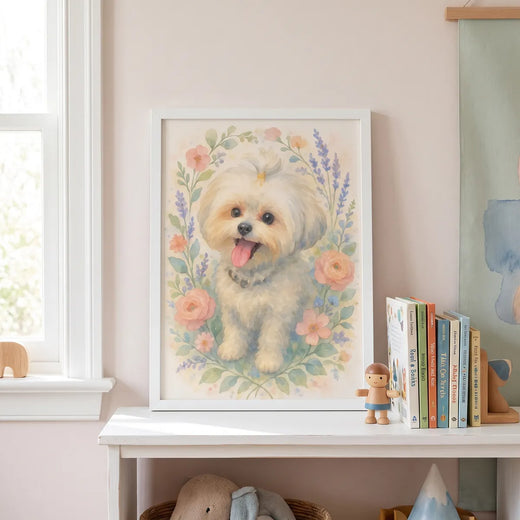 Spring Floral Custom Pet Portrait on a shelf in a child's room
