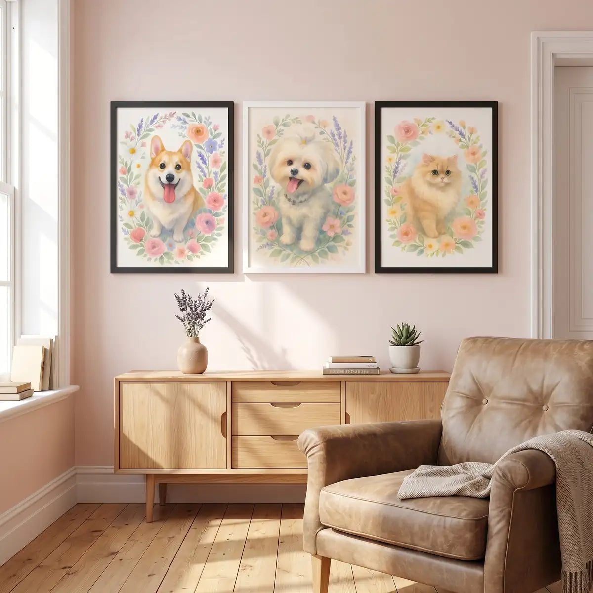 Spring Floral Custom Pet Portrait in a styled home setting