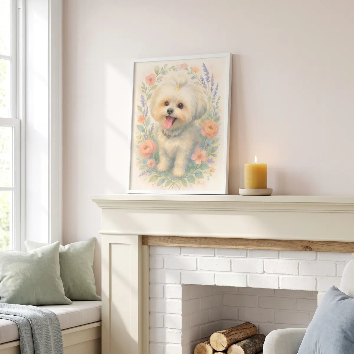 Spring Floral Custom Pet Portrait resting on a mantelpiece