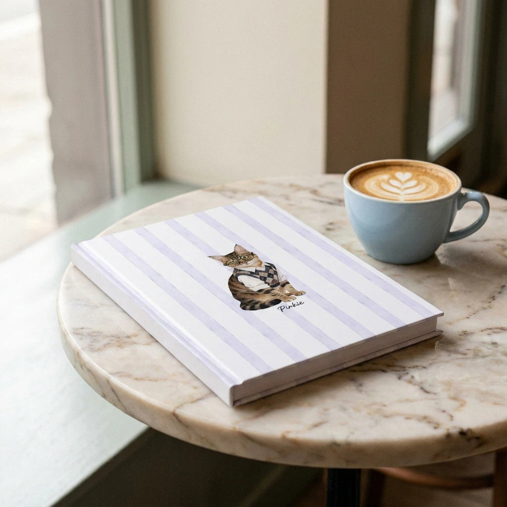 Student Watercolor Pet Notebook. The hardcover notebook on a small marble cafe table next to a latte in a pale blue cup.