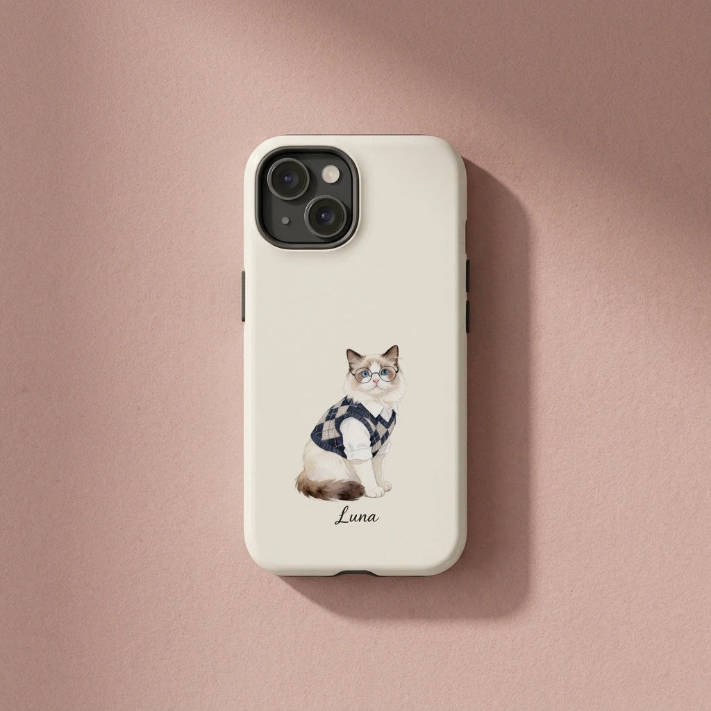 Student Watercolor Pet Phone Case. The phone case on a dusty-pink paper backdrop, one soft shadow falling to the right, nothing else in frame.