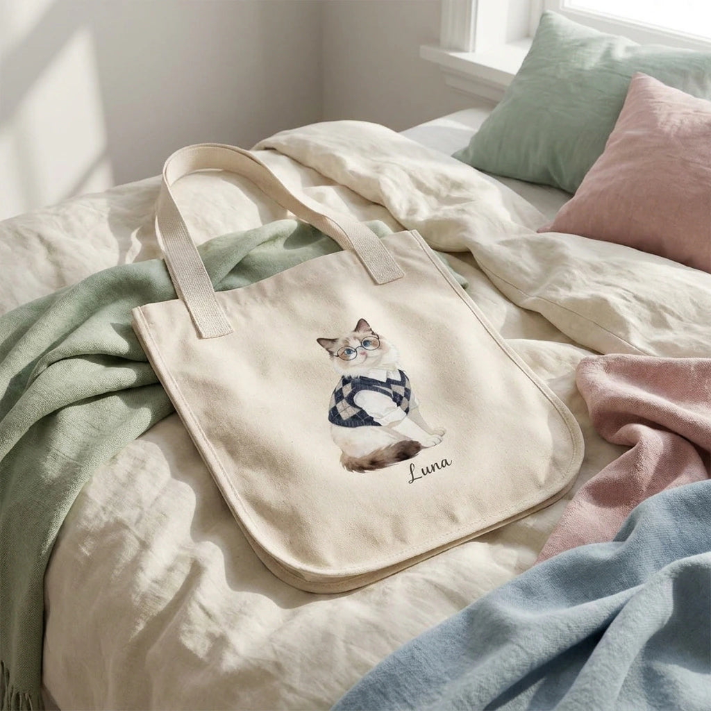 Student Watercolor Pet Tote Bag. The natural canvas tote bag resting on rumpled cream bedding in soft morning light.