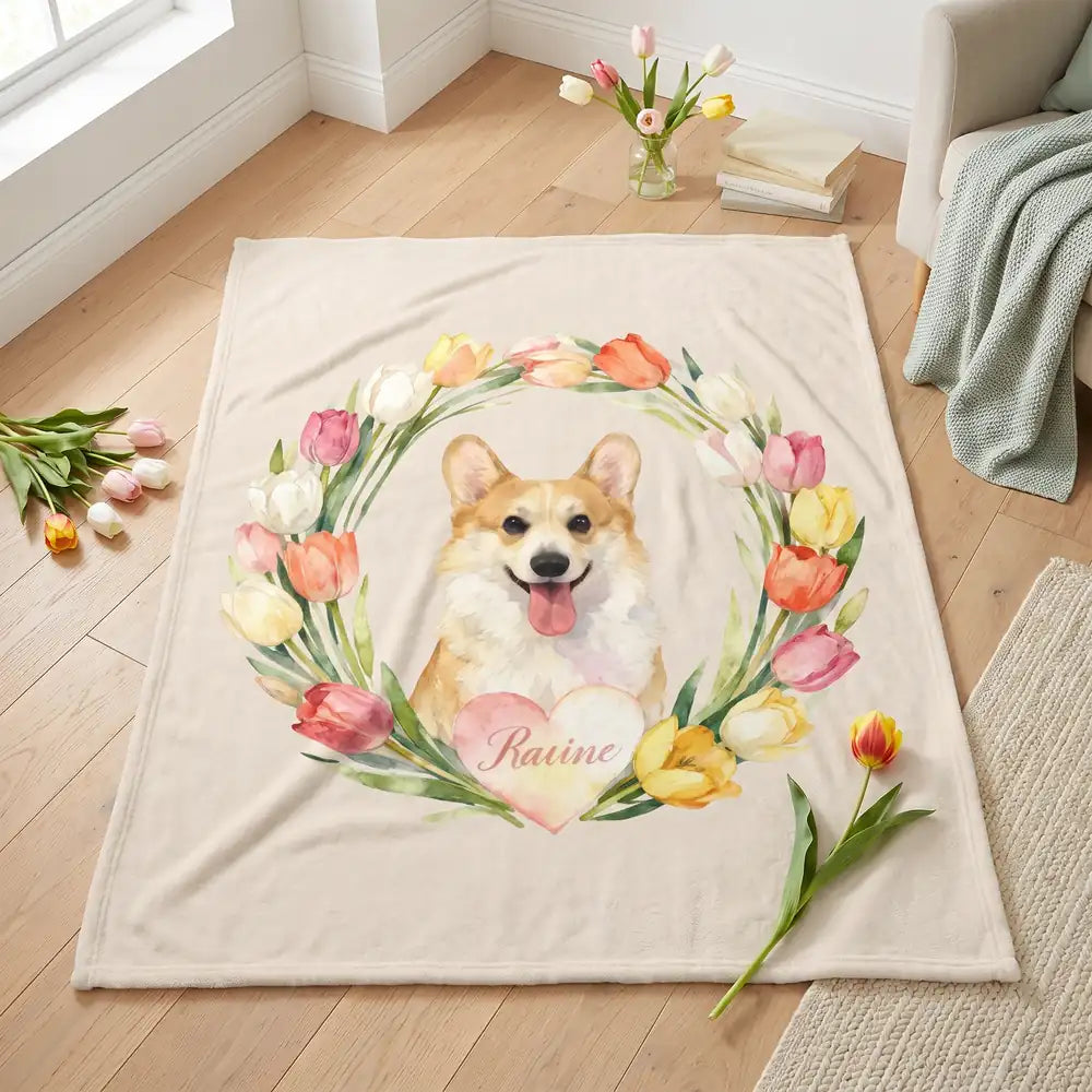 Tulip Wreath Custom Pet Blanket photographed flat from above on linen
