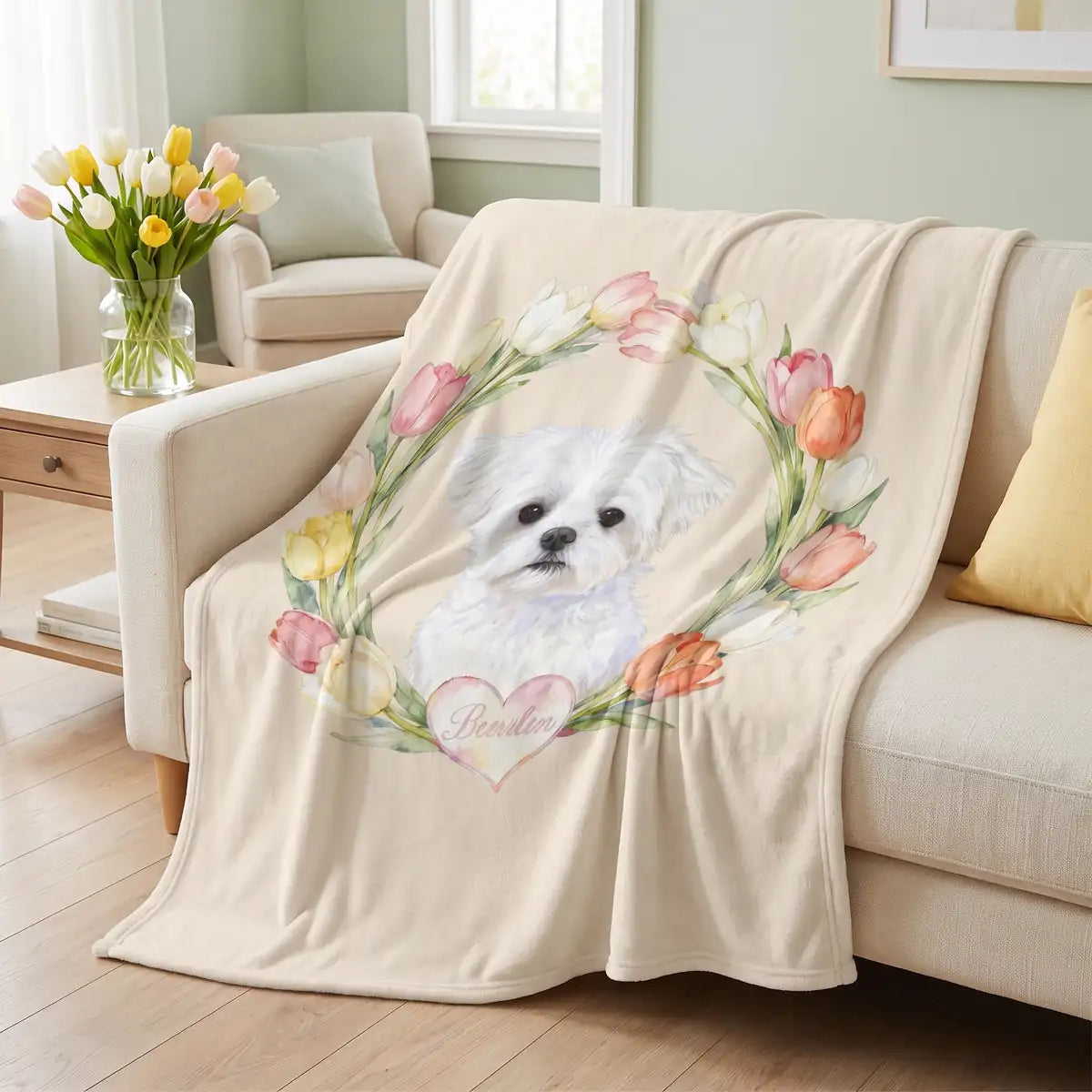 Tulip Wreath Custom Pet Blanket spread across a sofa seat