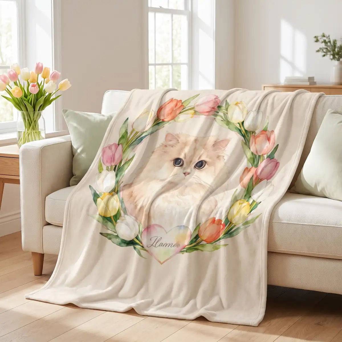 Tulip Wreath Custom Pet Blanket draped over a sofa