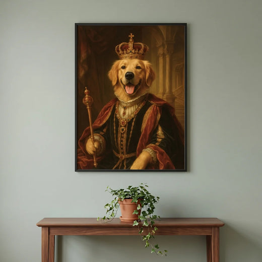 Vintage Royal Custom Pet Portrait hanging on the wall above a console table
