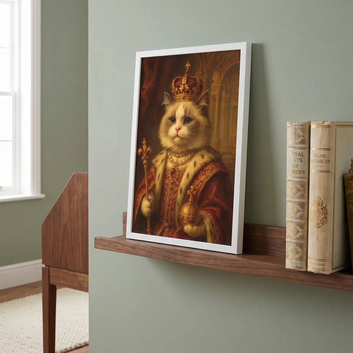 Vintage Royal Custom Pet Portrait resting on a picture ledge