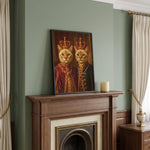 Vintage Royal Custom Two Pet Portrait resting on a mantelpiece