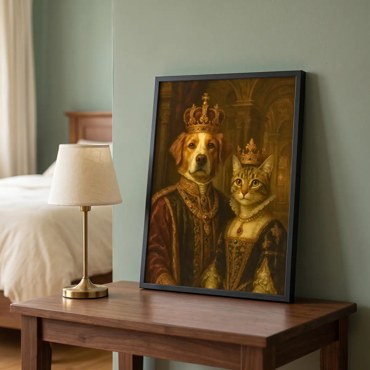 Vintage Royal Custom Two Pet Portrait beside a bed on a bedside table