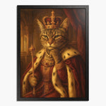 Renaissance-style painting of a tabby cat as a king in a jeweled crown, red ermine robe and gold scepter, in a black wood frame.