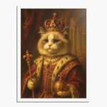 Renaissance-style painting of a cream ragdoll cat as a monarch with crown, scepter and golden orb, in a white wood frame.