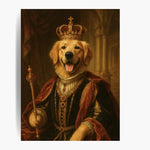 Unframed renaissance-style print of a golden retriever as a king in a jeweled crown, red velvet robe and gold scepter.